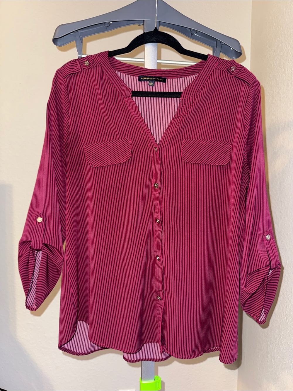 AdrieFuchsia and Black Pinstripe Button-Down Shirt